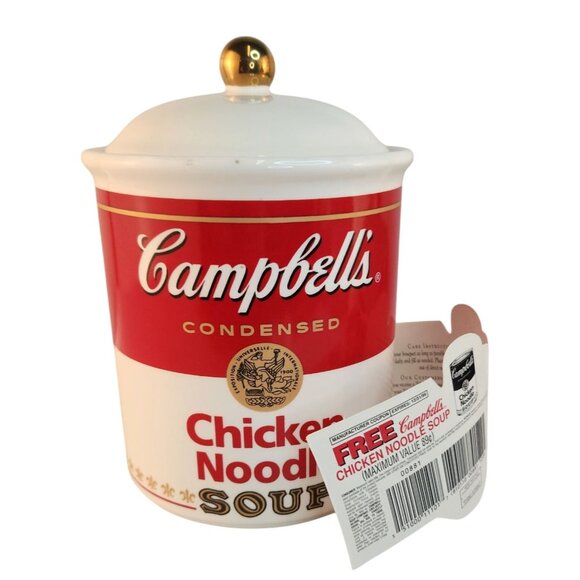 Campbells Soup Ceramic Storage Container Gold Lid Chicken Noodle 1999 Made In Ch - Picture 2 of 10